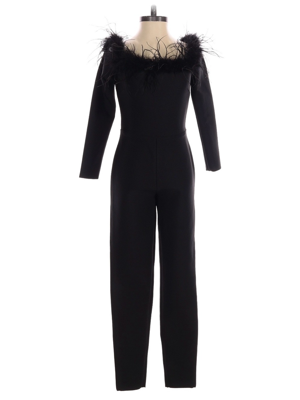 Fashion Nova Black Off-Shoulder Feather Trim Jumpsuit